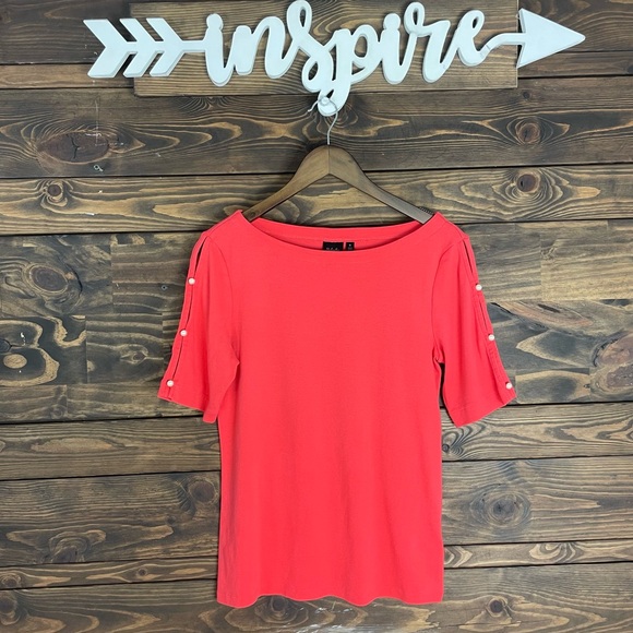 Rafaella | Boat Neck Coral Quarter Sleeve Top‎ Split Open Sleeves Pearl Button - Picture 5 of 7